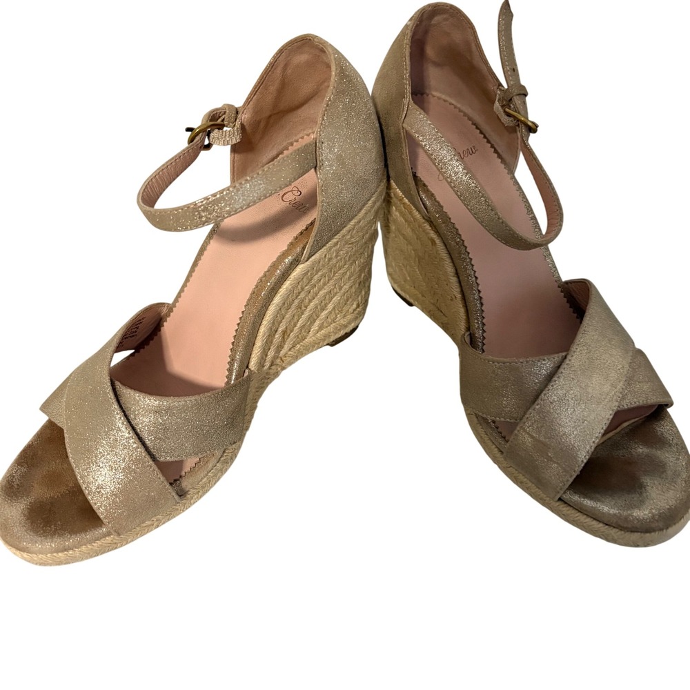 J.Crew Metallic Gold‎ Leather Espadrille Wedge Sandals Gold 7.5 Party Wedding